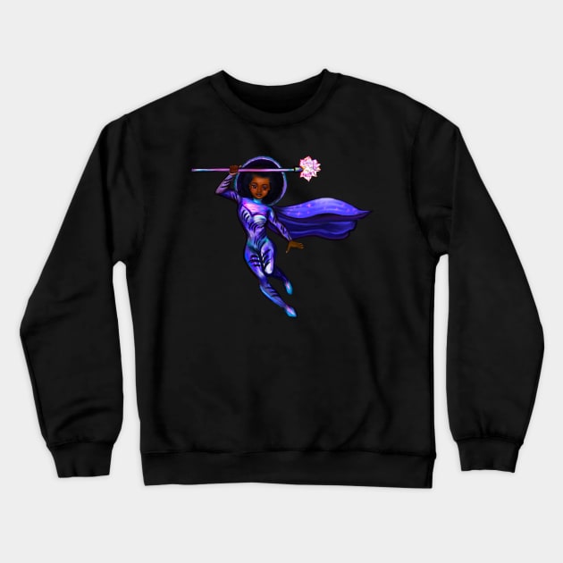 Black anime superhero girl from outer space with cape ! beautiful  black girl with Afro hair, brown eyes, Cherry pink lips and dark brown skin. Hair love ! Crewneck Sweatshirt by Artonmytee